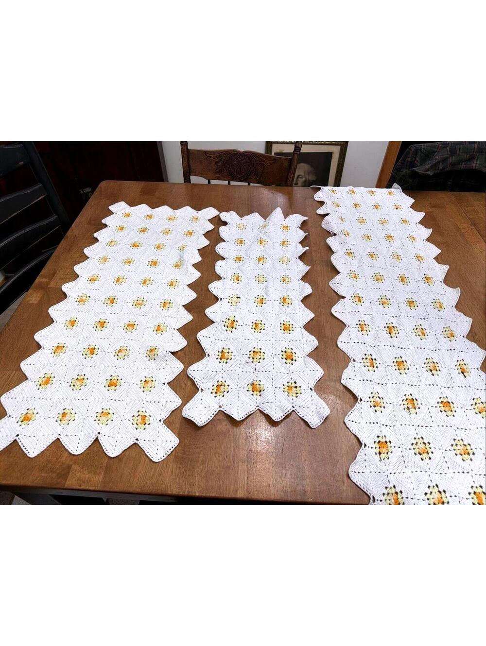 vintage table runner dresser Scarf doily crocheted  flower Floral yellow Lot 3